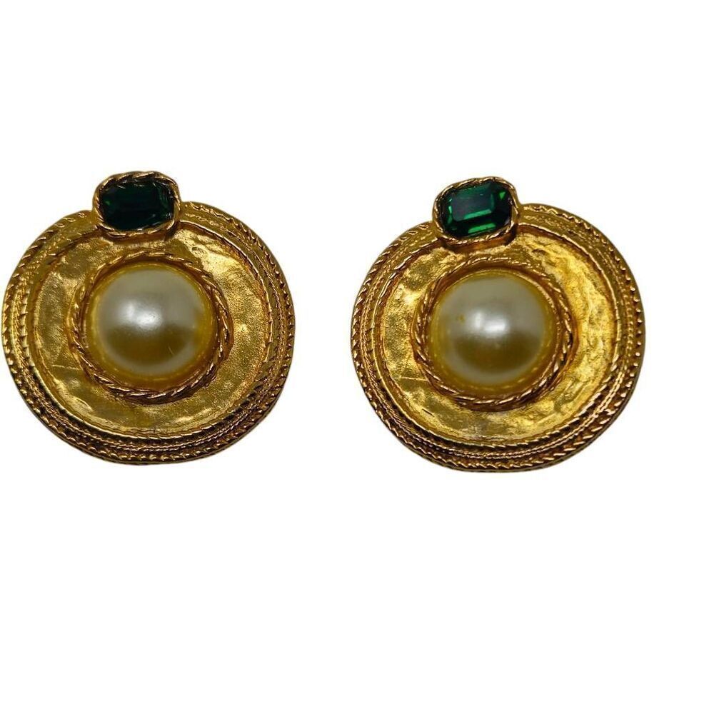 Vintage Gold and Faux Pearl Clip-On Earrings with Green Accent | 1.50"